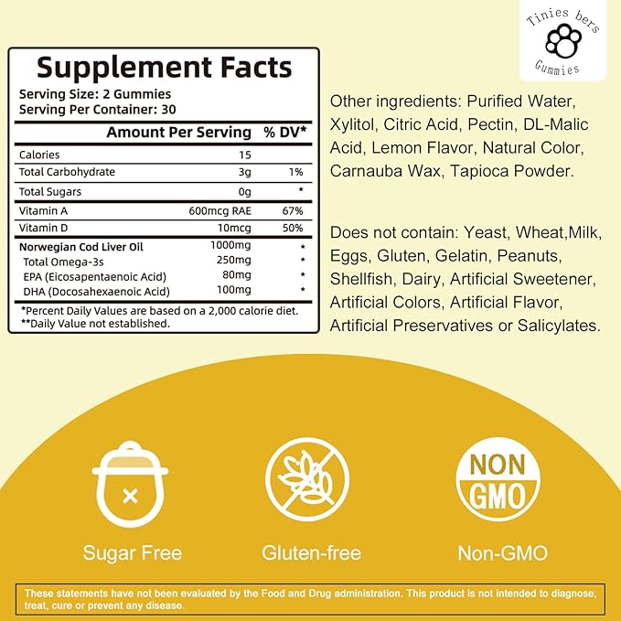 Cod Liver Oil Gummies 1000mg, Sugar Free for Adults & Kids, Omega-3s & Vitamin A&D for Brain, Cognitive, Heart & Eye, Bone Health, Gluten Free, Non GMO, Pectin, 60