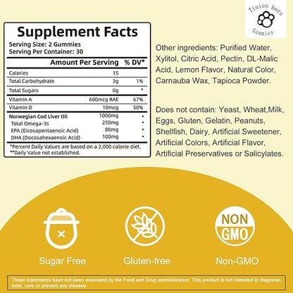 Cod Liver Oil Gummies 1000mg, Sugar Free for Adults & Kids, Omega-3s & Vitamin A&D for Brain, Cognitive, Heart & Eye, Bone Health, Gluten Free, Non GMO, Pectin, 60