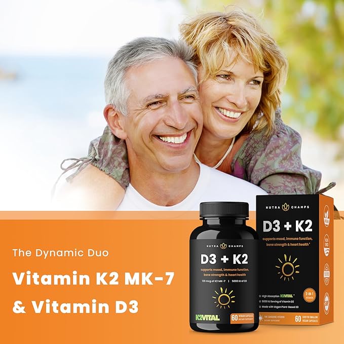 NutraChamps D3 with K2 MK7 Supplement for Heart & Bone Health | Vitamin D & K Complex | 5000 IU of Vitamin D 3 & 100 mcg of Vitamin K 2 MK-7 | 60 Vitamin K2 D3 Capsules