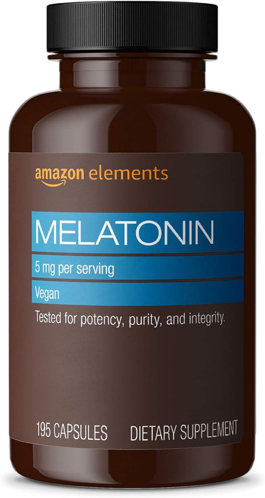 Amazon Elements - Melatonin 5mg Capsules, Helps with occasional sleeplessness, Vegan, Unflavored, 195 Count (Pack of 1), 6 month supply (Packaging may vary)