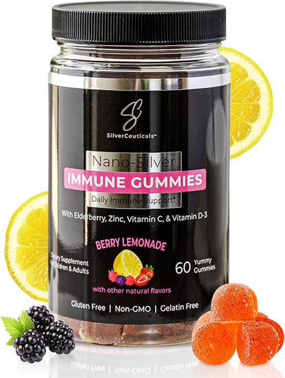 Immune Gummies - Sambucus Elderberry - Vitamin C & D - Zinc - Save Your Sick Days - Kids & Adults - Safe Ages 4 & Up - Nano Colloidal Silver - Gluten & Gelatin Free Non-GMO - Berry Lemonade - 60 Count