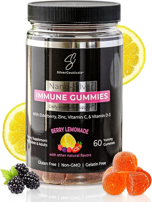 Immune Gummies - Sambucus Elderberry - Vitamin C & D - Zinc - Save Your Sick Days - Kids & Adults - Safe Ages 4 & Up - Nano Colloidal Silver - Gluten & Gelatin Free Non-GMO - Berry Lemonade - 60 Count