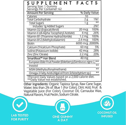 Sugarbear Hair Vitamin Gummy 6 Month Supply Extra Strength Biotin 6000mcg, Growth for Men & Women, Vegan Vitamin B12, MSM, Inositol, Omega 3, Elderberry, Certified Kosher, Halal, Cruelty-Free