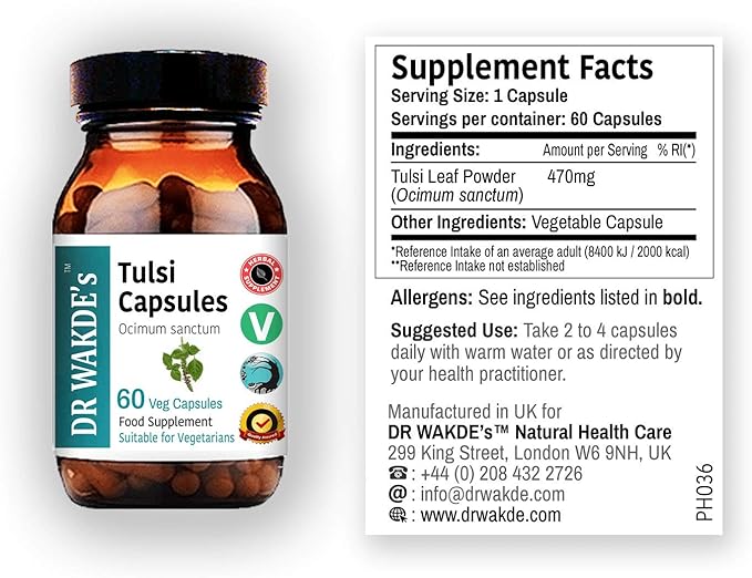 DR WAKDE'S Tulsi Capsules (Holy Basil, Ocimum Sanctum, 60 Veg Caps, Plant-Based Supplement, Ayurvedic Herb, All Natural, Vegan)