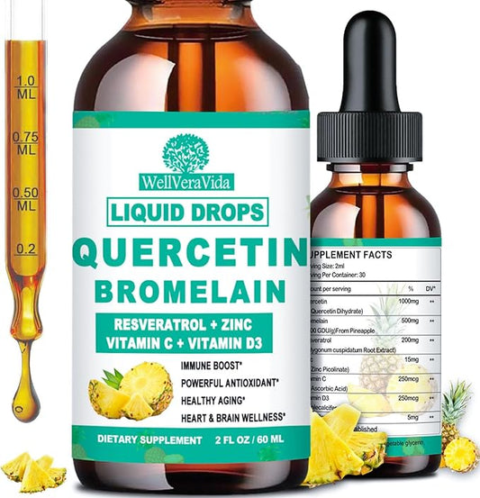 Quercetin with Bromelain Liquid Drops, 4X Stronger Than Capsules & Pills, 7-in-1 Organic Zinc Quercetin 1000mg with Bromelain 500mg Vitamin C D3 Immune Support for Respiratory Health & Antioxidant