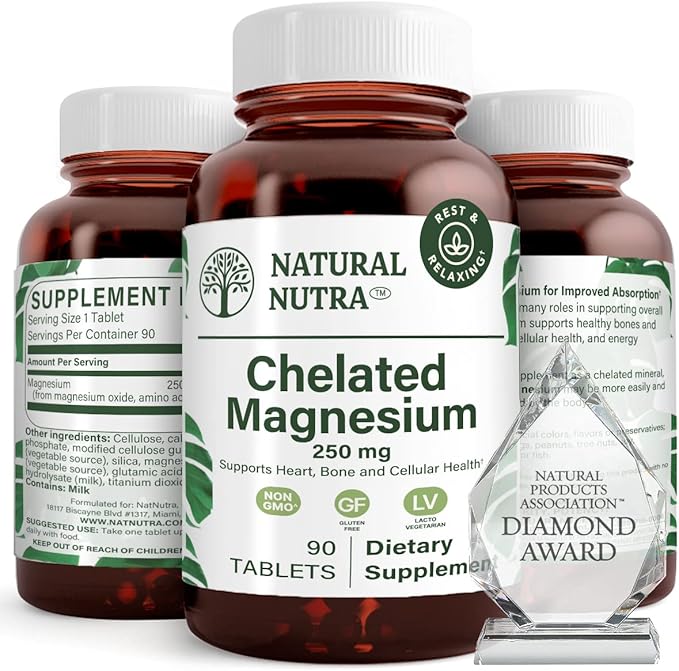 Natural Nutra Chelated Magnesium Oxide 250mg- High Absorption for Strong Bones, Heart Health, Improves Dental Health, Energy Boost, Gluten-Free, Non-GMO, 90Tablets in BPA-Free Recyclable Glass Bottles