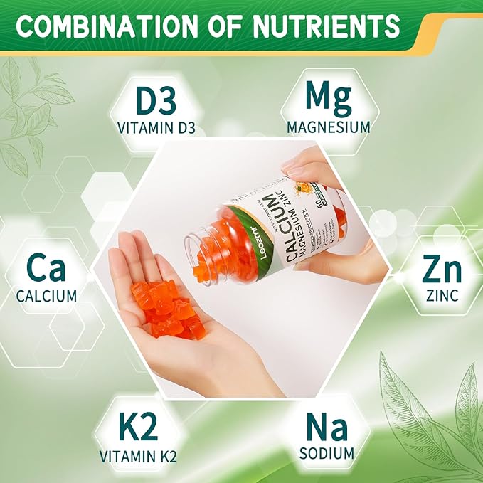 Calcium Magnesium Zinc Gummies with Vitamin D3 & K2 - High Potency Enhanced Absorption -60 Orange Gummies Flavored
