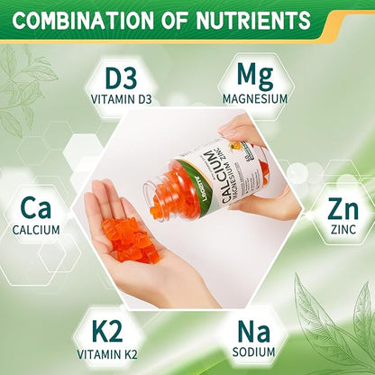 Calcium Magnesium Zinc Gummies with Vitamin D3 & K2 - High Potency Enhanced Absorption -120 Orange Gummies Flavored