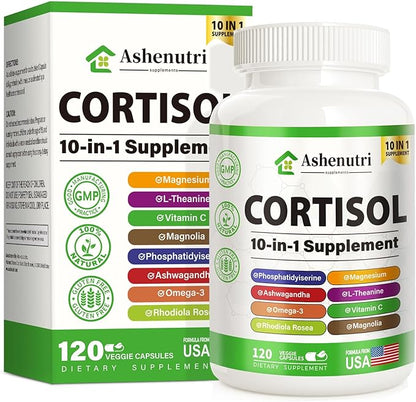 10-in-1 Cortisol Supplement with Magnesium,Ashwagandha,Rhodiola Rosea,L Theanine,Hormone Balance for Women 120 Vegan Capsules