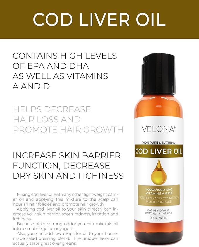 velona Cod Liver Oil - 2 Fl Oz | 1,000A/100D IU/g Omega 3 Vitamins A & D3 | Norwegian Arctic Sustainably Sourced Nordic Oil | Hair, Body and Skin Care | Use Today - Enjoy Results