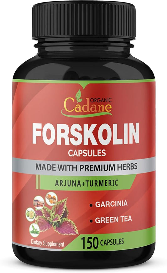 Organic Cadane Forskolin Supplements - 5in1 with Turmeric Curcumin, Arjuna, Garcinia Cambogia, and Green Tea - 5 Month Supply - 150 Capsules