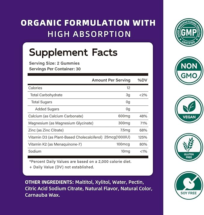 Calcium Magnesium Zinc Gummies with Vitamin D3 & K2 - High Potency Enhanced Absorption -120 Blueberry Gummies Flavored