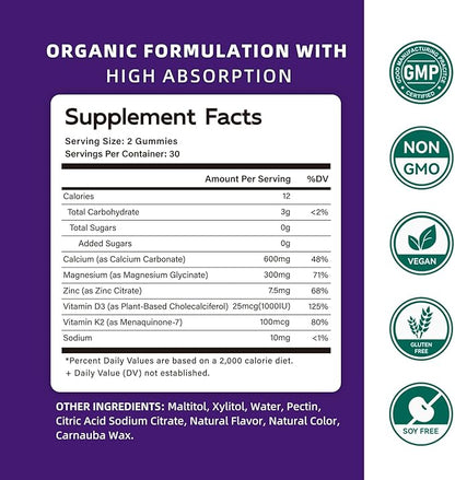 Calcium Magnesium Zinc Gummies with Vitamin D3 & K2 - High Potency Enhanced Absorption -120 Blueberry Gummies Flavored