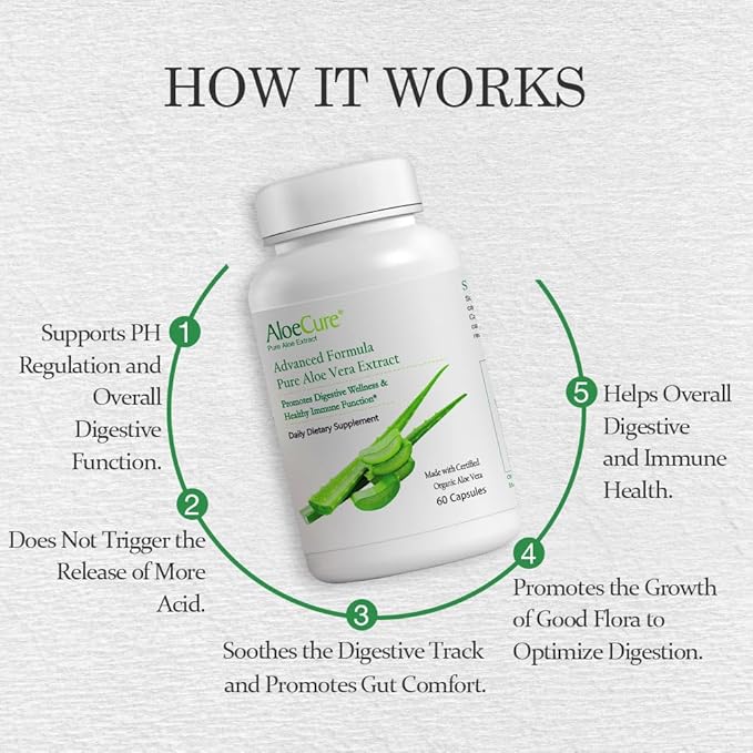 AloeCure Organic Aloe Vera Capsules, 130,000mg Inner Aloe Leaf Equivelant per Serving, Support Gut, Digestive, & Immune Health, Helps Maintain Balanced Stomach Acidity, Aloin Free, 60 Capsules