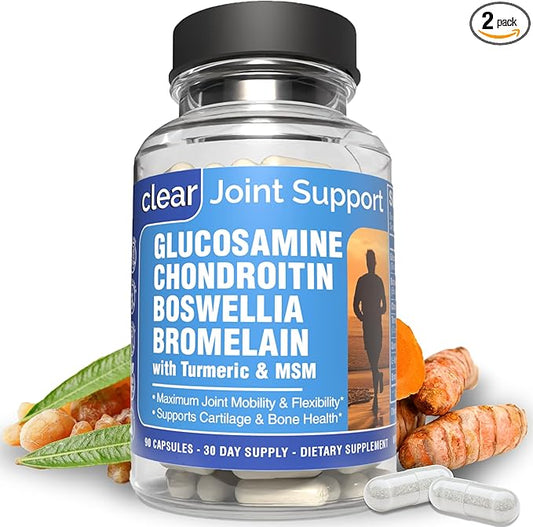 Glucosamine Chondroitin MSM Turmeric - Clear Maximum Joint Support, Healthy Cartilage Growth, Joint Flexibility Mobility, Bone Health - 2,075mg with Boswellia Quercetin Bromelain - 90 Capsules