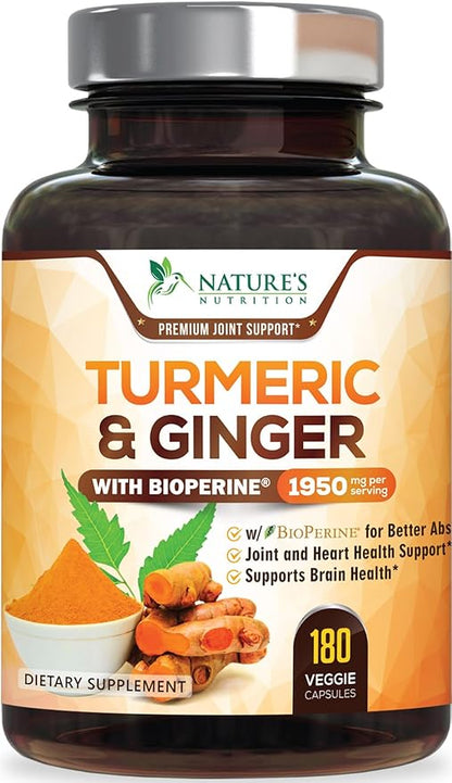 Turmeric Curcumin Supplement 1950mg with Organic Turmeric & Ginger, 95% Curcuminoids, BioPerine Black Pepper for Best Absorption, Nature's Vegan Joint Support, Non-GMO, Bottled in USA - 180 Capsules