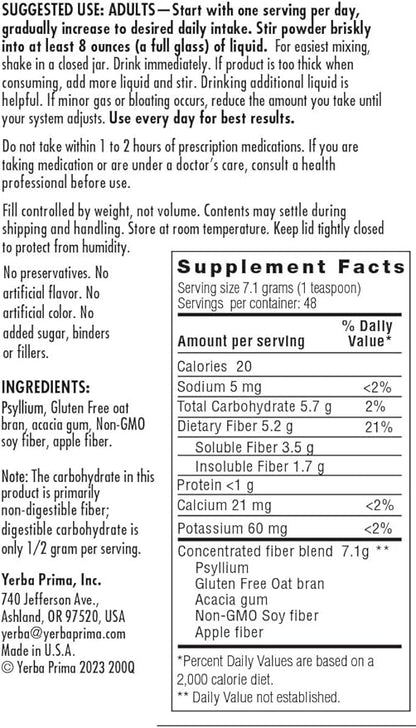 Yerba Prima Daily Fiber Formula Powder - 12 oz (Pack of 4) - Soluble & Insoluble Dietary Fiber Supplement - Gut Health - Vegan, Non-GMO, Gluten-Free
