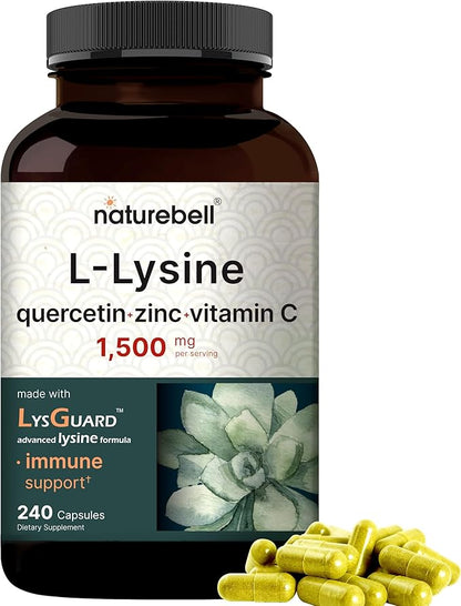 NatureBell L-Lysine 1,000mg Capsules + Quercetin 250mg with Vitamin C and Zinc, 240 Count | Free Form Amino Acids, L Lysine Complex | Immune Support, Lip & Skin Health Supplement