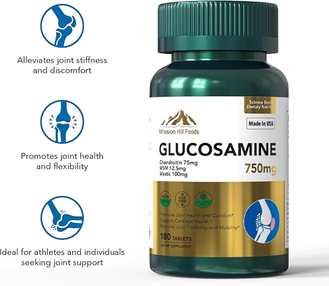 Premium Glucosamine + Chondriotin + MSM + Mastic + Curcumin (750mg) | Bone & Joint Health (1 Bottle-180 Capsules-6mo Supply) | Vitamin for Joint Support | Non-GMO & Gluten Free
