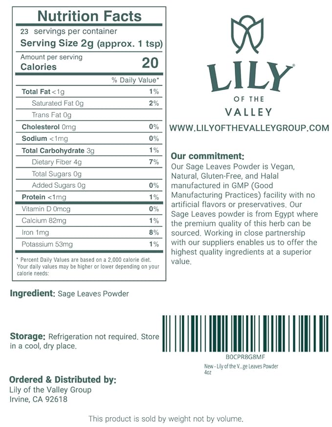 Lily of the Valley Sage Leaf Powder - Ground Dried Sage leaves - Seasoning Herb Spice - No Fillers & No Additives - Great for Cooking - Vegan & Gluten-Free - Packed in Resealable Pouch (16oz, 453g)