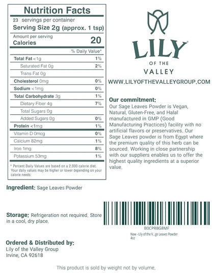 Lily of the Valley Sage Leaf Powder - Ground Dried Sage leaves - Seasoning Herb Spice - No Fillers & No Additives - Great for Cooking - Vegan & Gluten-Free - Packed in Resealable Pouch (16oz, 453g)