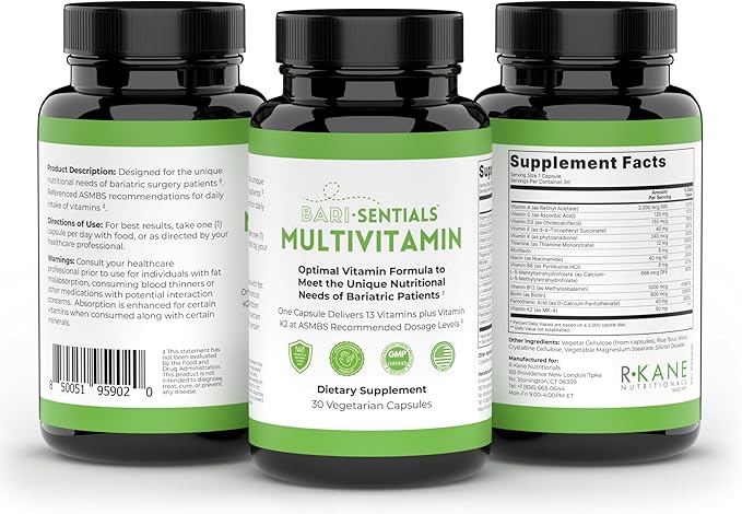 R-Kane Barisentials Bariatric Multivitamins Supplement- Post Bariatric Support for Gastric Bypass, Sleeve Gastroectomy, DS- Essential Daily Nutrition- 30 Vegetarian Capsules