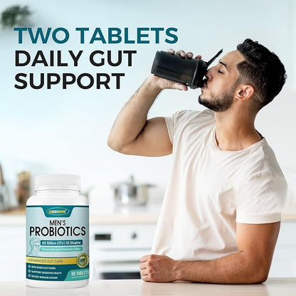 ZEBORA Probiotics for Men and Prebiotics for Digestive Health, 90 Tablets, 60 Billion CFUs for Immune and Gut Health, 10 Strains, Hypoallergenic Probiotics, Shelf Stable, Gluten & Soy Free