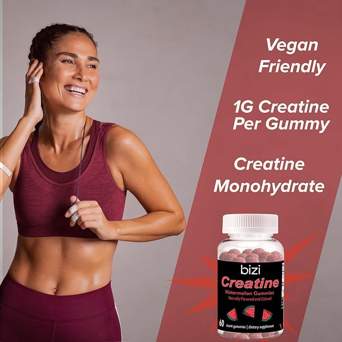 Bizi Creatine Watermelon Gummies for Men & Women, Creatine Monohydrate Gummies, Watermelon Flavor Creatine Gummy, Workout, Muscle Growth, & Recovery Supplement, Vegan & Gluten Free (60 ct)