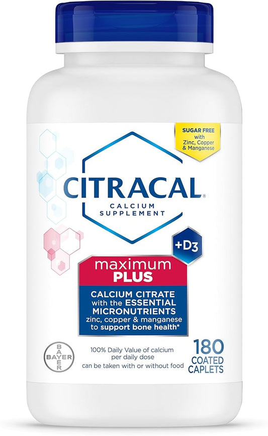 Citracal Maximum Plus, 650 mg Calcium Citrate, easily absorbed and highly soluble with 25 mcg (1000 IU) Vitamin D3, Bone Health Support, Calcium Supplement for Ages 12+, 180 Count
