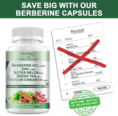 Berberine Supplement with Ceylon Cinnamon - Berberine 1500mg Activates AMPK & GLP-1 Berberine HCL Capsules with Bitter Melon/Artichoke Extracts & Natural Herbs for Immune Support 90 Count