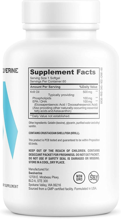 Swolverine Krill Oil | 500mg of Krill Oil & Astaxanthin, Omega-3s, EPA & DHA, Fast Absorbing, Joint Relief, Heart Health (60 Servings)