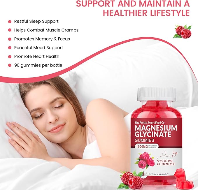 Magnesium Glycinate Gummies 1000mg - 90 Ct | Magnesium Potassium Supplements for Relaxation, Stress Relief, with Vitamin D, B6, CoQ10 for Calm Mood & Sleep Support - Raspberry Gummies