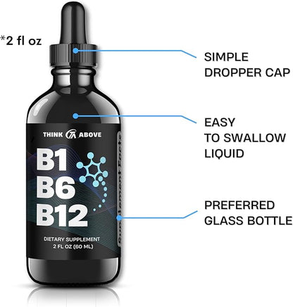 B1 B6 B12 Vitamin Liquid Drops - Nerve, Energy, Brain Support Supplement - Fruity-Like Flavor - Methylcobalamin, Thiamine, Pyridoxine - 60 Day Supply - 2 oz - for Men and Women - Simply Made