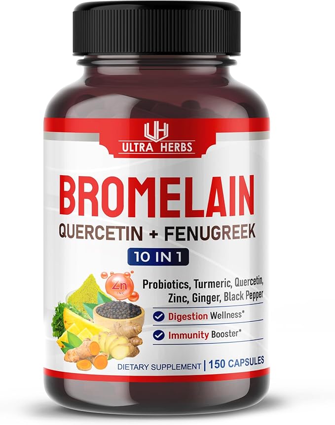 Bromelain Supplement with Quercetin, Zinc, Fenugreek, Turmeric, Ginger, Black Pepper & Probiotics - Supports Digestion, Joint Health & Nutrient Absorption | 150 Capsules
