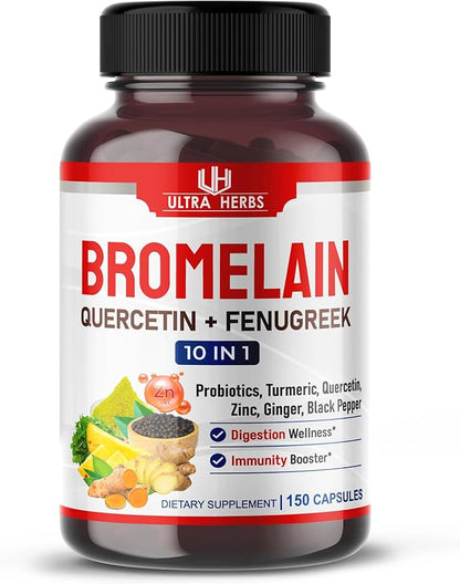 Bromelain Supplement with Quercetin, Zinc, Fenugreek, Turmeric, Ginger, Black Pepper & Probiotics - Supports Digestion, Joint Health & Nutrient Absorption | 150 Capsules