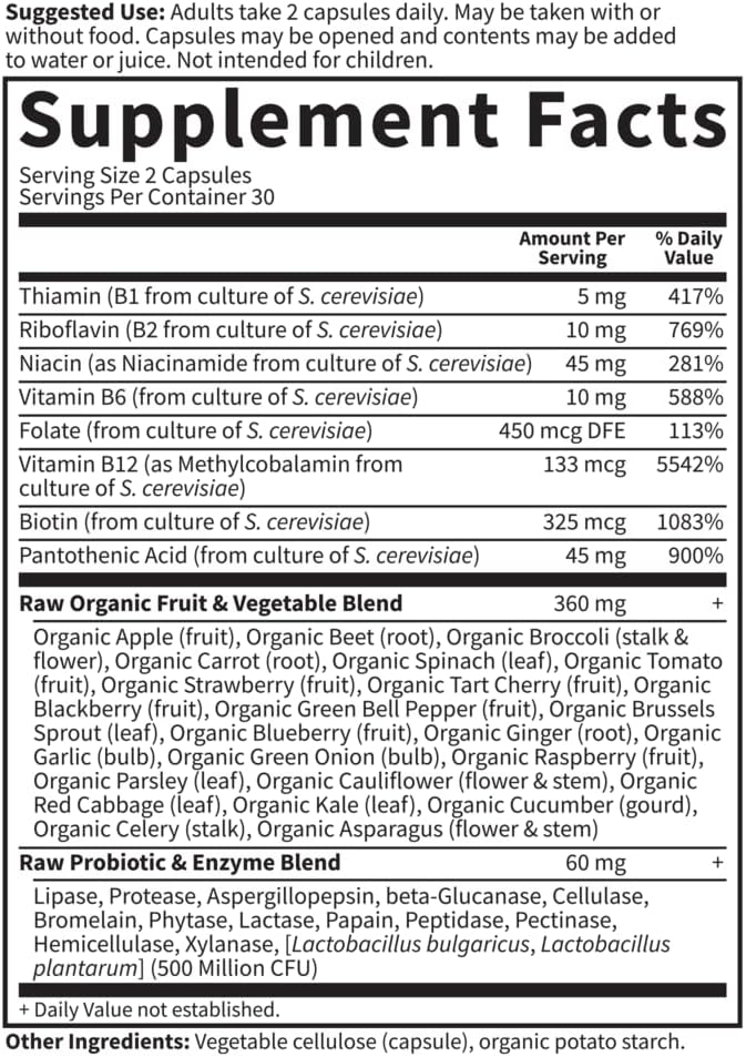 Garden of Life Raw B Complex - Vitamin Code - 60 Vegan Capsules, High Potency Vitamins for Energy & Metabolism with B2 Riboflavin, B1, B3, B6, Folate, B12 as Methylcobalamin & Biotin Plus Probiotics