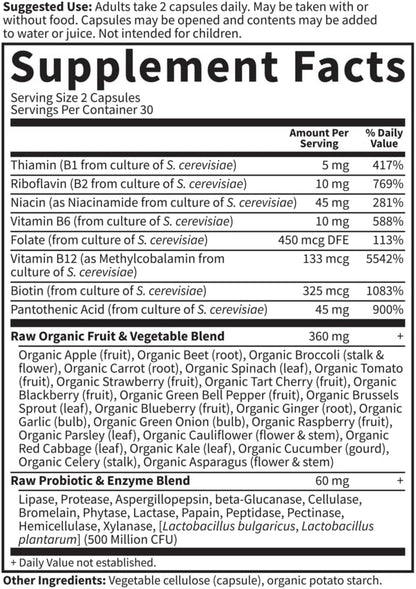 Garden of Life Raw B Complex - Vitamin Code - 60 Vegan Capsules, High Potency Vitamins for Energy & Metabolism with B2 Riboflavin, B1, B3, B6, Folate, B12 as Methylcobalamin & Biotin Plus Probiotics