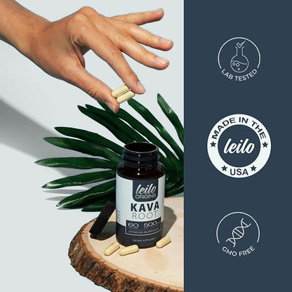 LEILO Kava Root Capsules | 500mg of Noble Extract/Serving to Support Stress and Promote Relaxation | (60 Vegan Capsules)