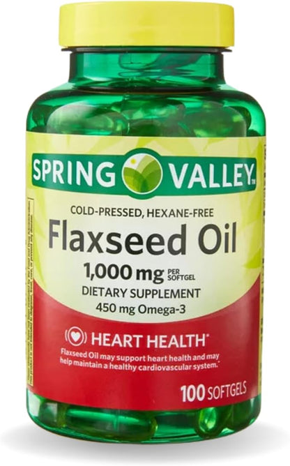 Flaxseed Oil Softgels - Vegan Omega 3,6 and 9 Dietary Supplement - Flaxseed 1000mg Softgels per Serving - Flax Seed Oil Pills by Spring Valley 100 Count (Pack of 1)
