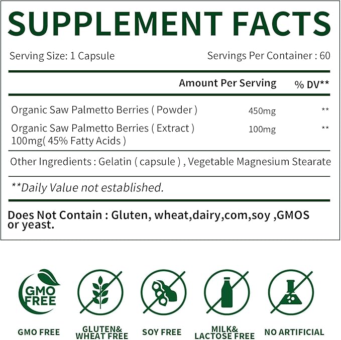 Herbs Saw Palmetto Extract,Supports Healthy Prostate Function for Men,Potent Saw Palmetto for Urinary and Prostate Health,Herbal Health Supplement,60 Capsules 450mg Powder and 100mg Extract