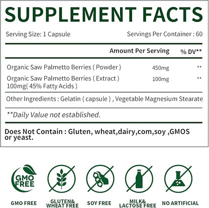 Herbs Saw Palmetto Extract,Supports Healthy Prostate Function for Men,Potent Saw Palmetto for Urinary and Prostate Health,Herbal Health Supplement,60 Capsules 450mg Powder and 100mg Extract