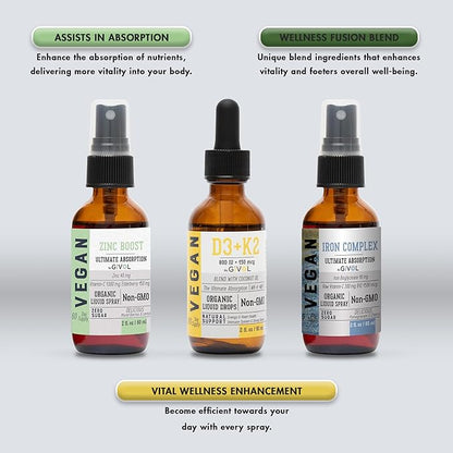 Bone Support Bundle Liquid Spray - Iron Bisglycinate Complex, Zinc Picolinate, Vitamin D3 & K2 - Complete Multivitamin - Plant- Based, Non-GMO, Gluten Free, Sugar Free 2 Fl Oz (360 Days Supply)
