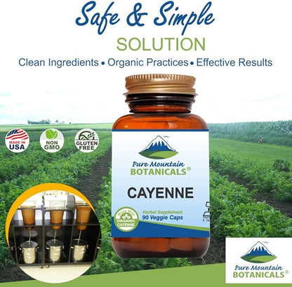 Pure Mountain Botanicals Cayenne Pepper Capsules - 90 Kosher Vegan Caps with 500mg Organic Cayenne Pepper with Capsaicin