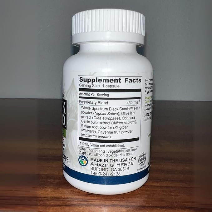 Amazing Herbs Whole Spectrum Black Seed Ultimate, Vegetarian Capsules - Olive Leaf & Garlic Extracts Plus Ginger & Cayenne, Gluten Free, Non GMO, Vegan - 100 Count