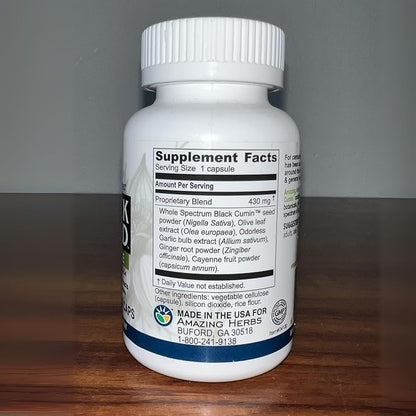 Amazing Herbs Whole Spectrum Black Seed Ultimate, Vegetarian Capsules - Olive Leaf & Garlic Extracts Plus Ginger & Cayenne, Gluten Free, Non GMO, Vegan - 100 Count