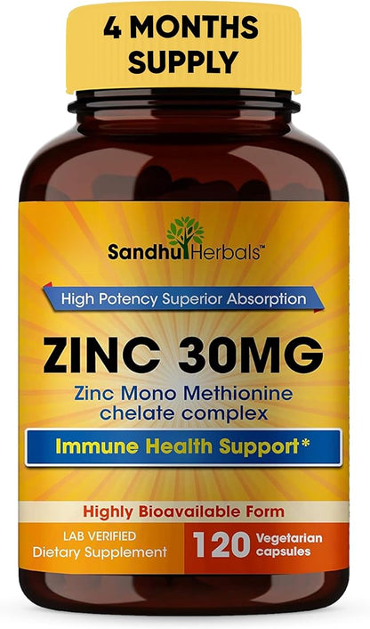 Sandhu Herbals Zinc 30mg Supplement and Organic 4 in 1 Ashwagandha Capsules with Zinc| Supports Healthy Skin, Immune System| Non-GMO