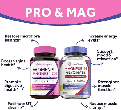 Doctor's Recipes Probiotics and Magnesium Glycinate Bundle - Optimum Gut Health & Muscle Function Support for Men & Women