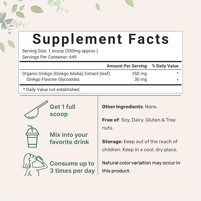 Micro Ingredients Raw Organic Ginkgo Biloba Powder, 8 Ounce (18 Months Supply), Filler Free, Supports Brain Function and Mental Alertness, No GMOs and Vegan Friendly