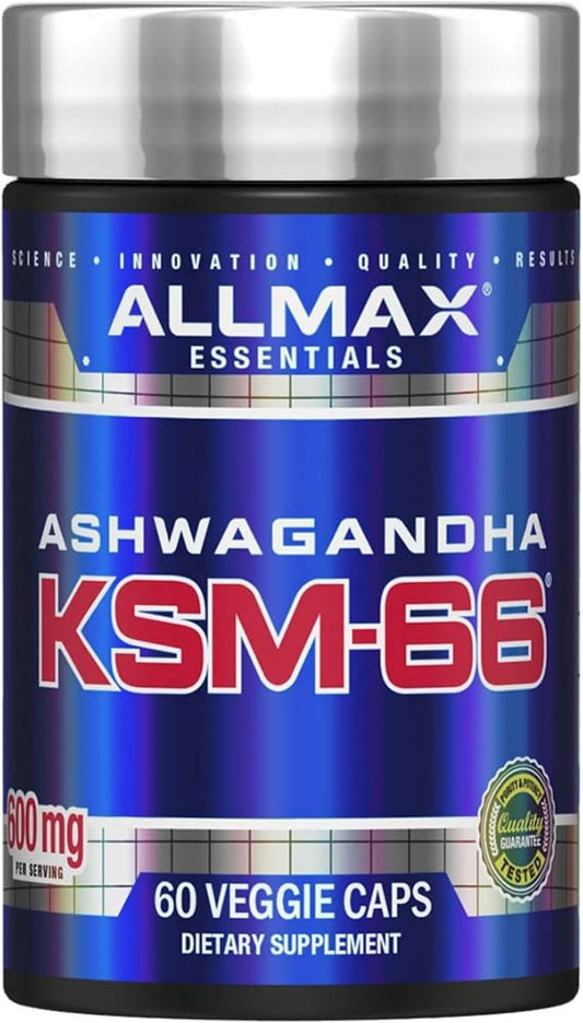 ALLMAX Essentials Ashwagandha KSM-66 (60 Veggie Caps) - Increase Muscle Strength & Recovery - Non-GMO, Gluten Free - 30 Servings