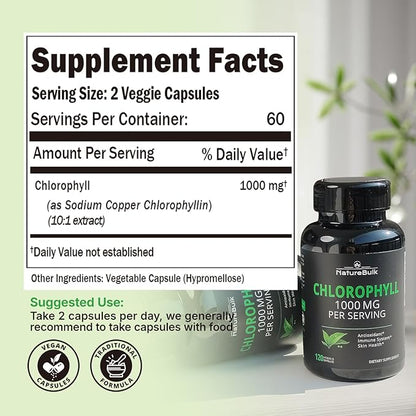 Chlorophyll Capsules 1000mg - 100% Natural Potency Concentration for Women & Men, Gut Health, Skin Support - Natural Energy Booster, 120 Capsules